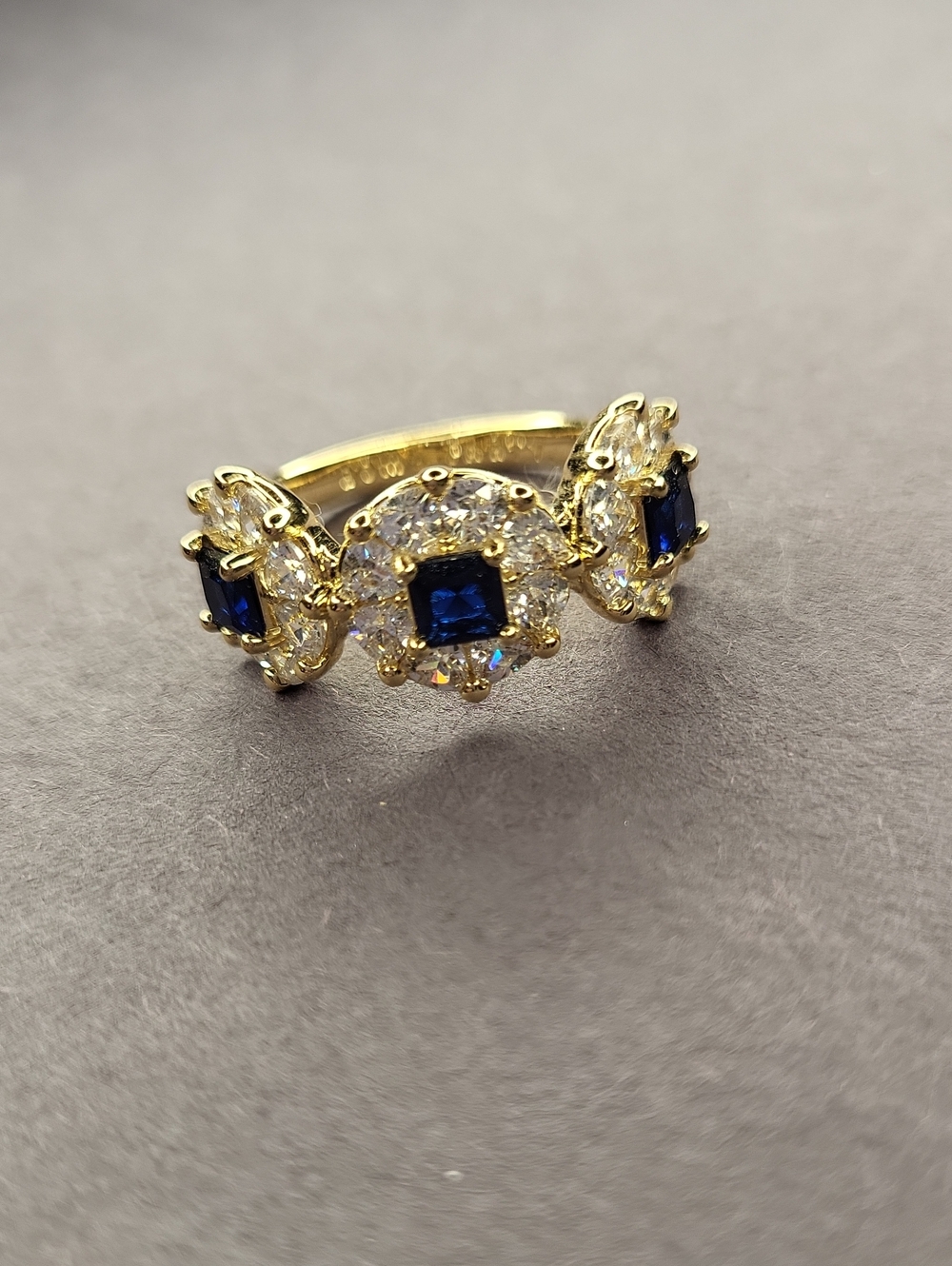 Gold-Tone Triple Blue Stone Ring with Clear Accents